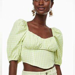 H & M puff sleeve gingham top in green